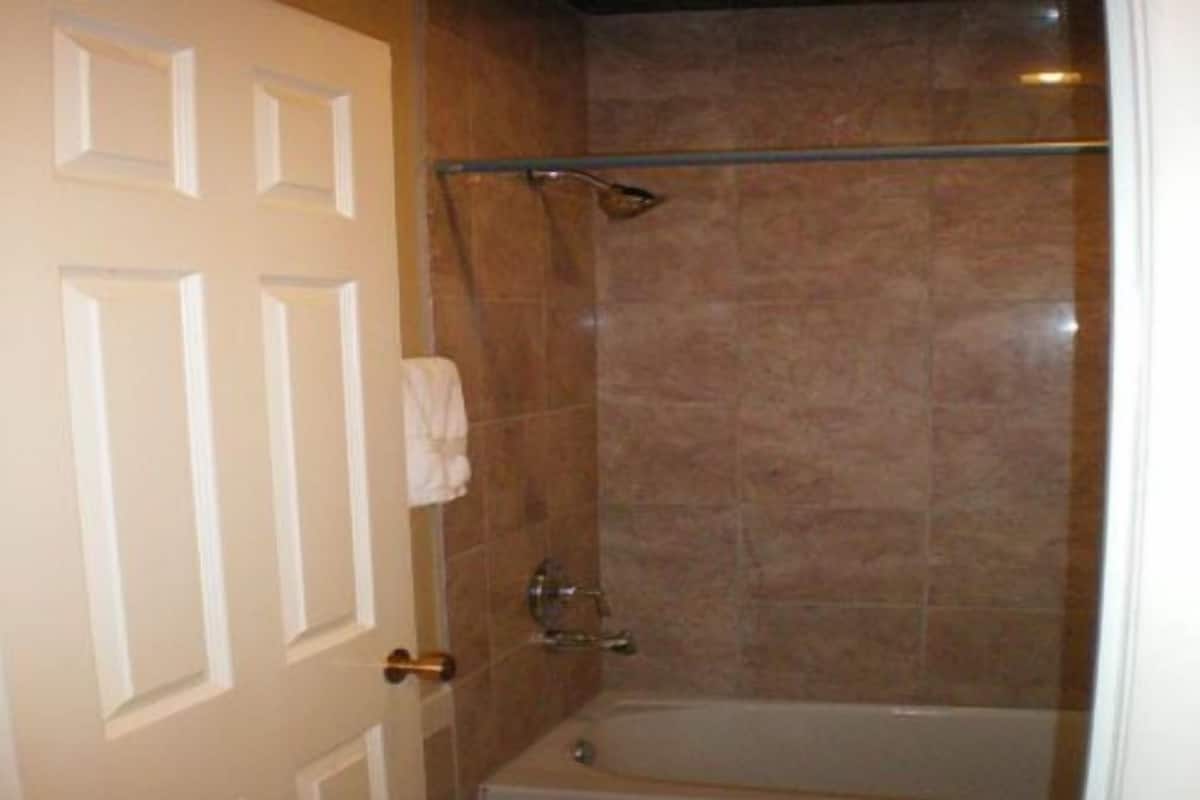 Une salle de bain avec une baignoire, une douche et une porte.