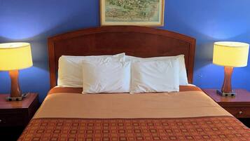 A neatly made bed with white pillows and a patterned bedspread, flanked by two bedside tables with lamps, against a blue wall with a framed picture above.