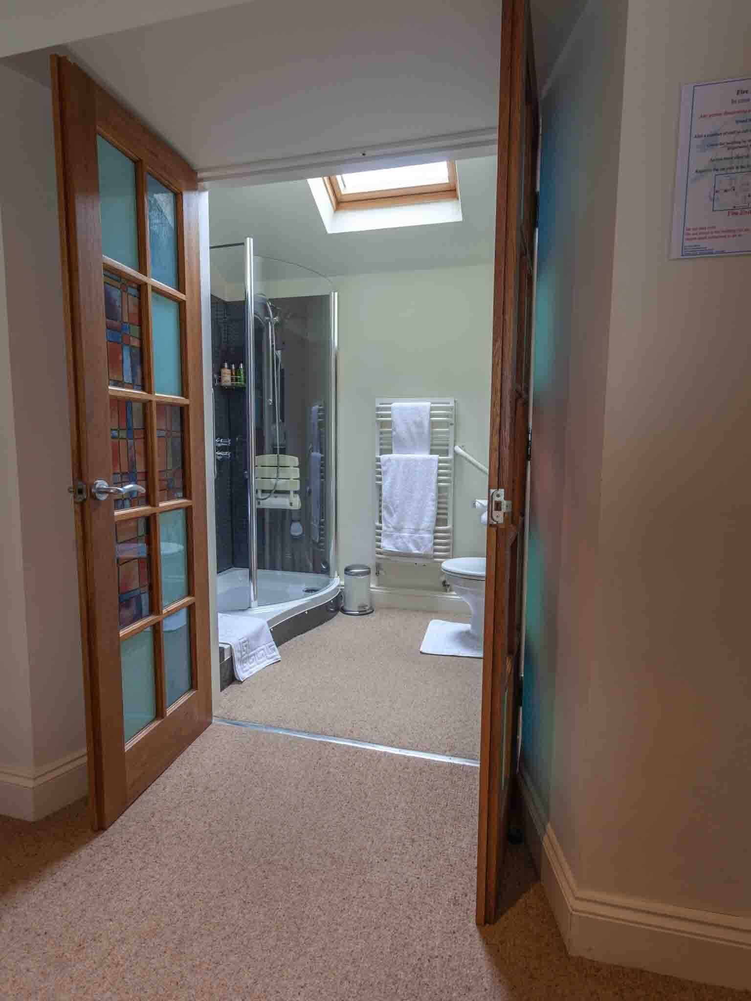 Een badkamer met douche, toilet en dakraam.