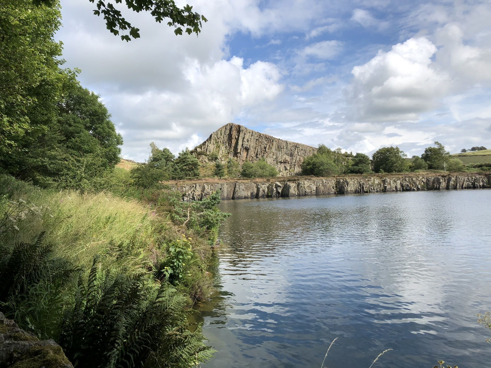 A natural landscape with a body of water, rocky cliffs, and dense greenery.