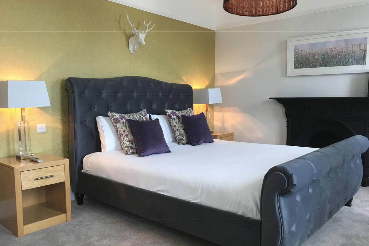 A bedroom with a large bed, two bedside tables with lamps, a decorative deer head on the wall, and a framed picture above the bed.