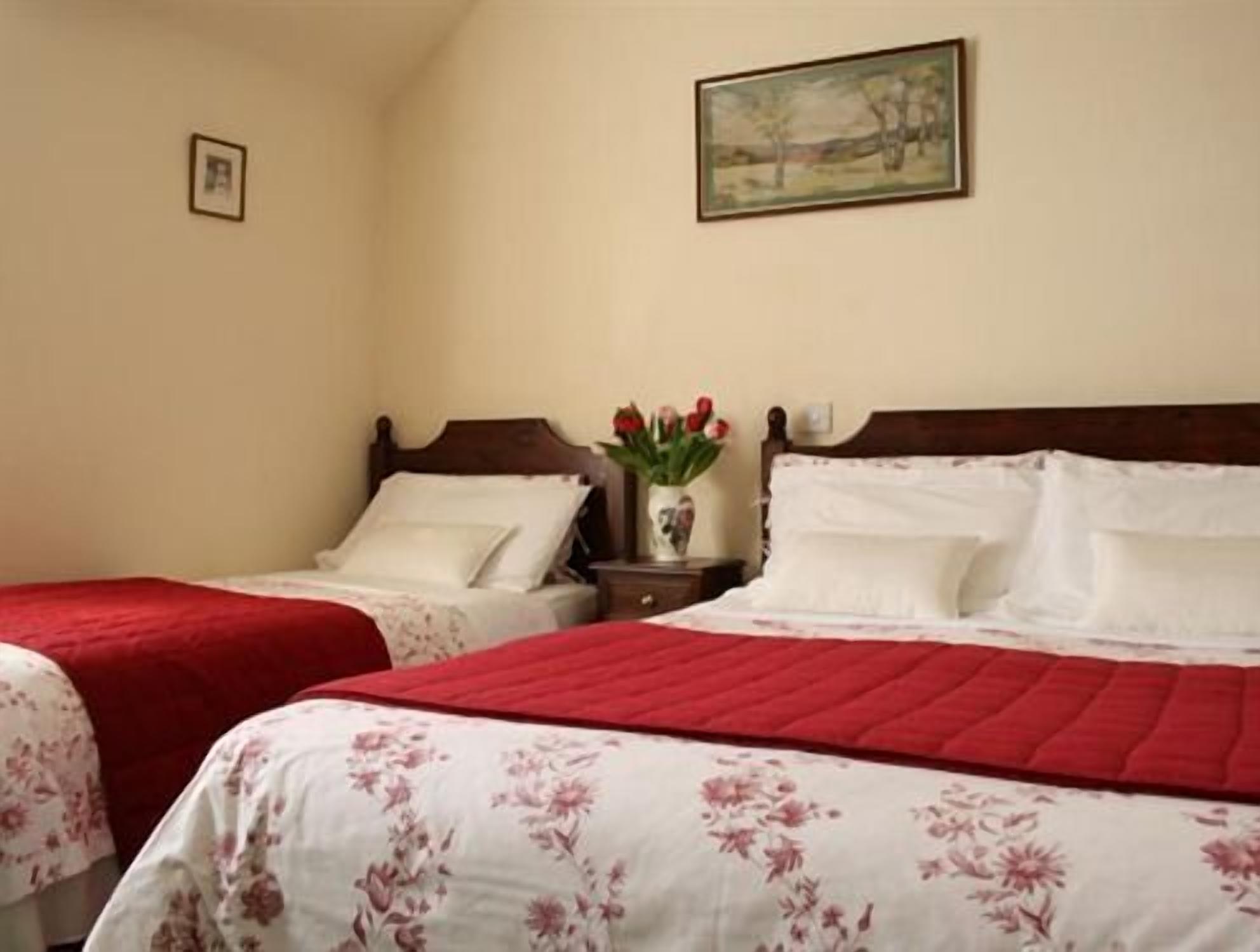 Habitación de hotel con dos camas individuales, cada una con cubrecama rojo y ropa de cama floral blanca. Hay una mesita de noche pequeña con un jarrón de flores rojas. Un cuadro paisaje enmarco cuelga de la pared sobre las camas.
