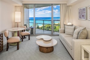 LXR Deluxe Room, 1 King Bed, Ocean View | Living area | 55-inch LED TV with cable channels, TV, pay movies