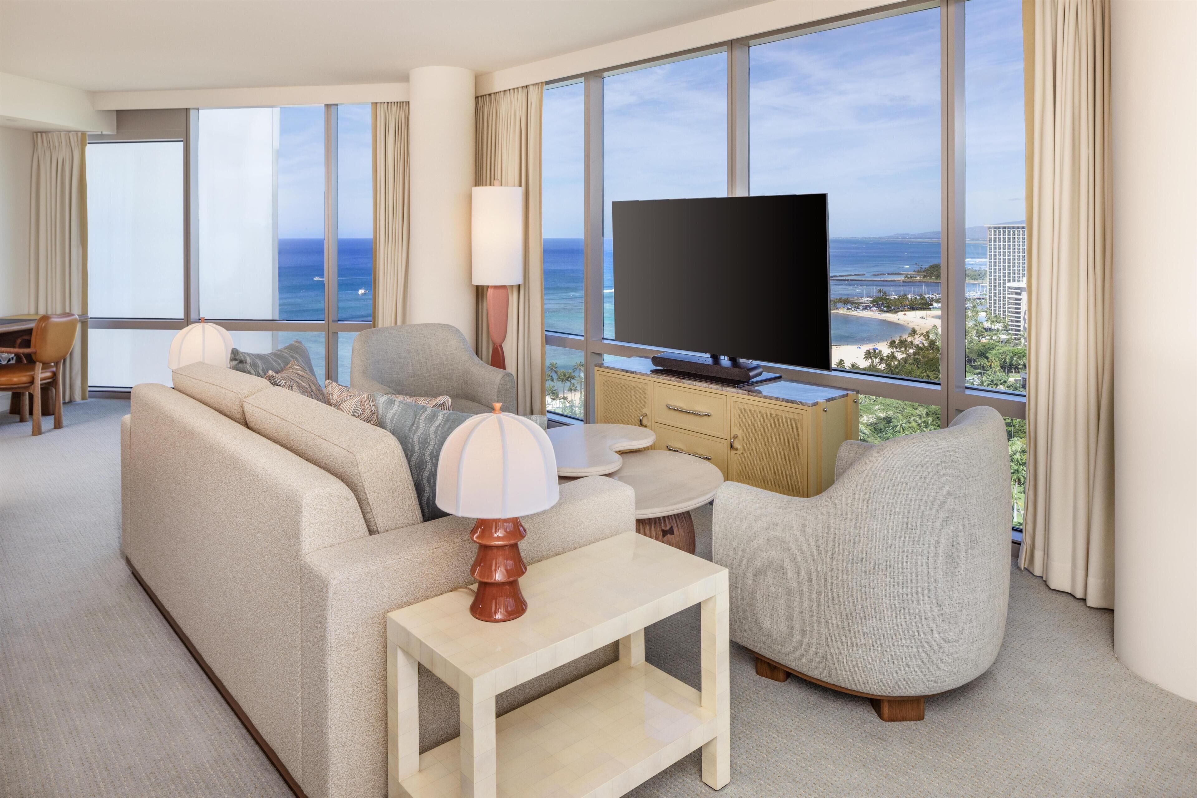 Deluxe Suite, 2 Bedrooms, Ocean View (High Floor, Newly Renovated) | Living area | 55-inch LED TV with cable channels, TV, pay movies
