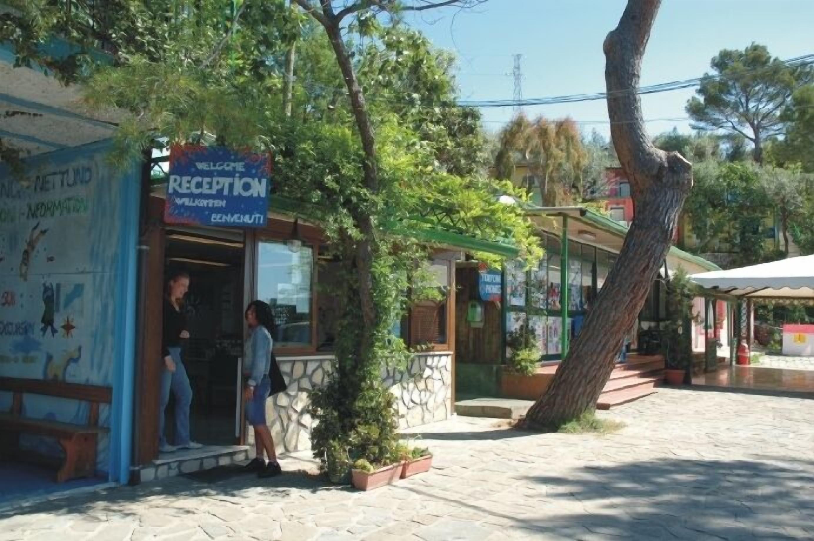 Un área de recepción con un letrero, un banco y un árbol.