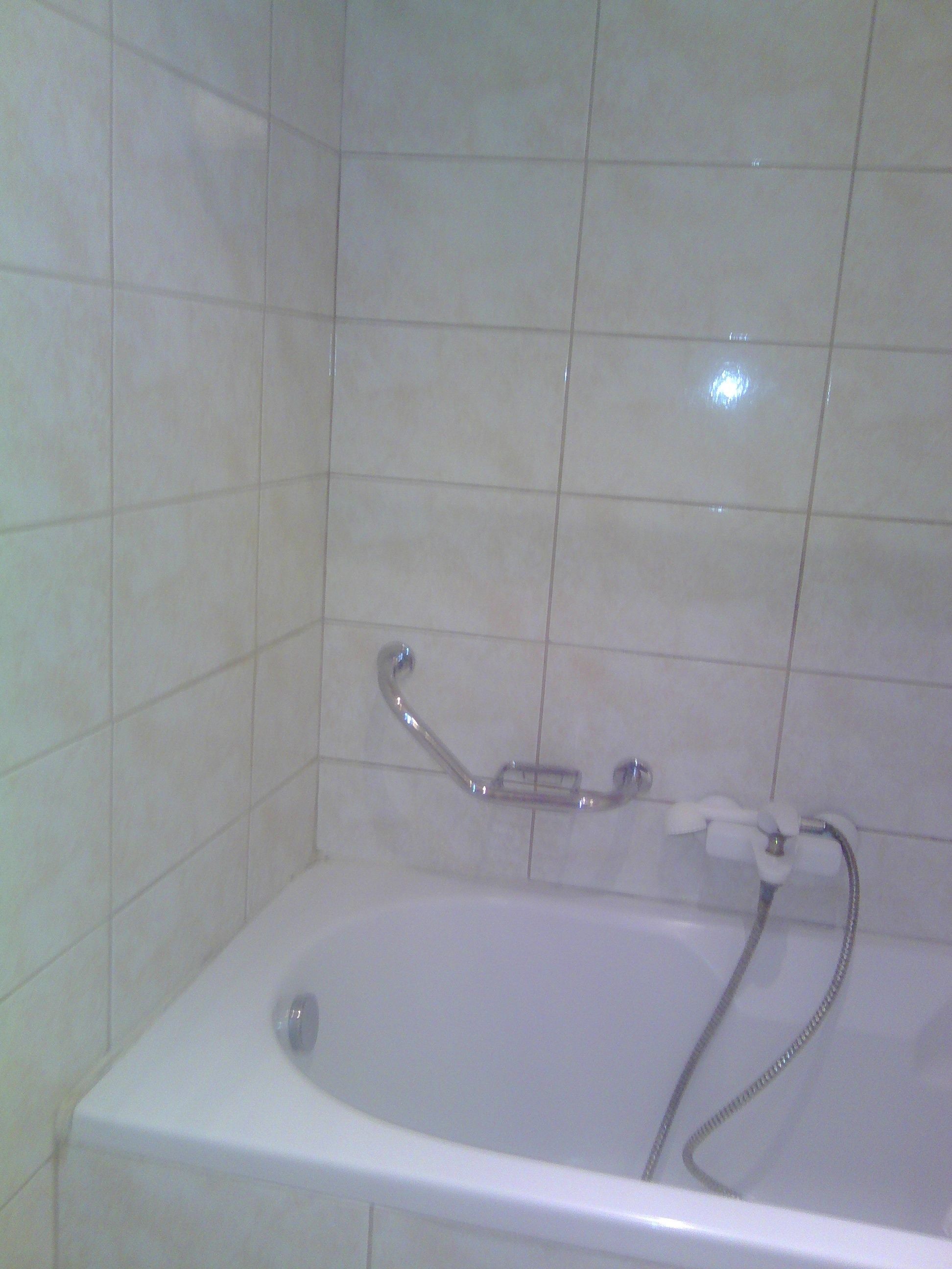 A bathroom with a white bathtub, a handheld showerhead, and a wall-mounted faucet.