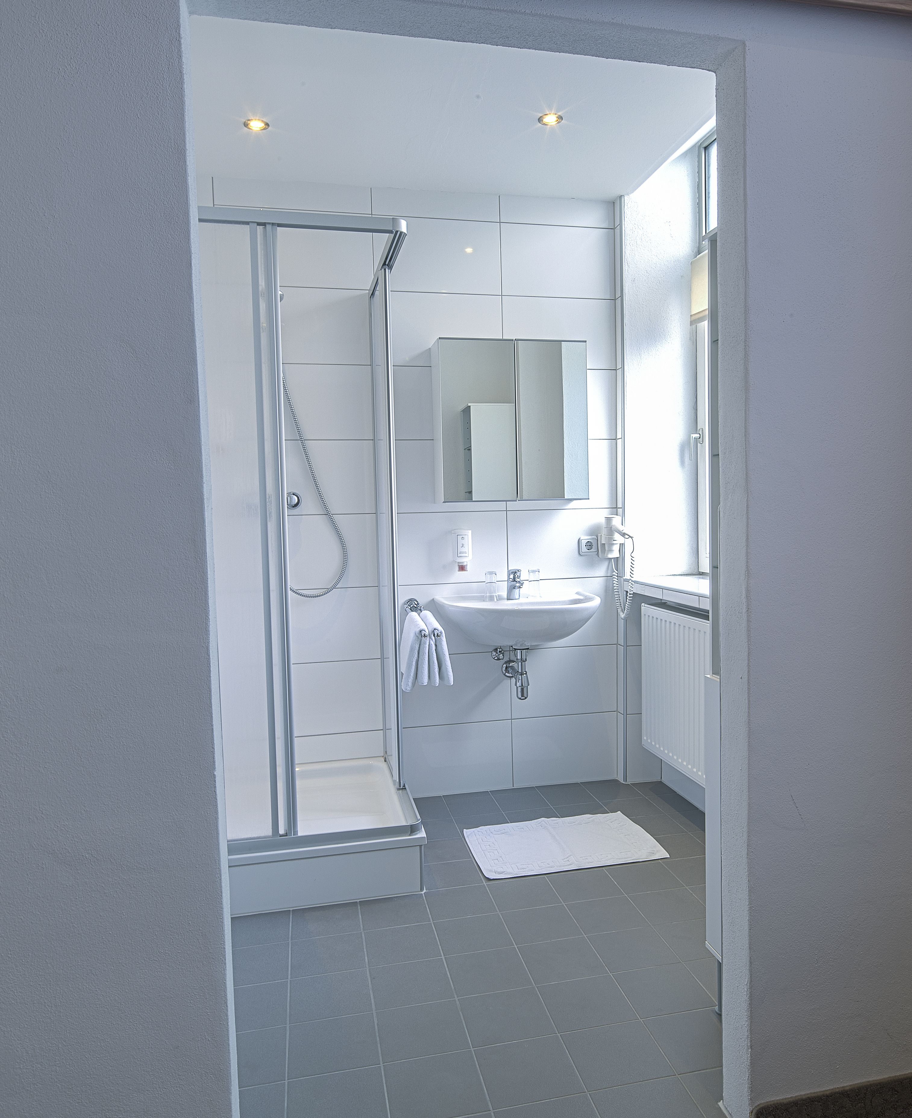 Un baño moderno con ducha envuelta en cristal, un lavabo y un espejo.