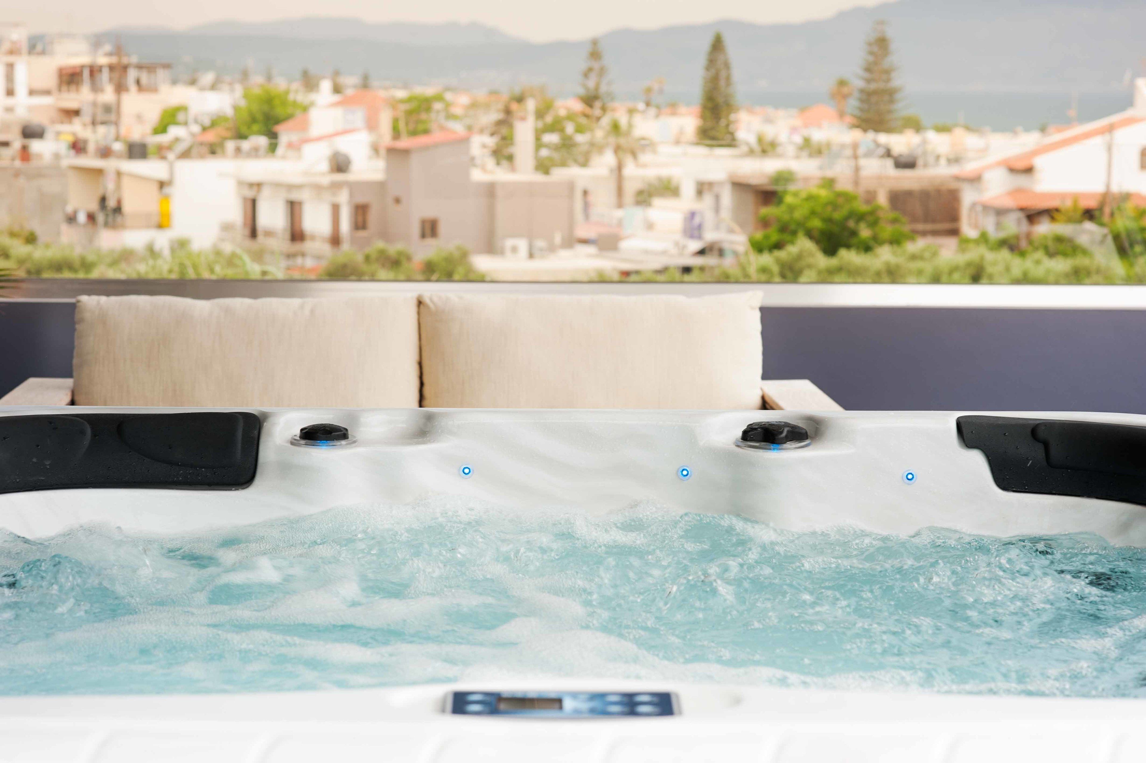 Un jacuzzi con panel de control digital, dos cojines color beige y vista a una zona residencial con casas y vegetación.