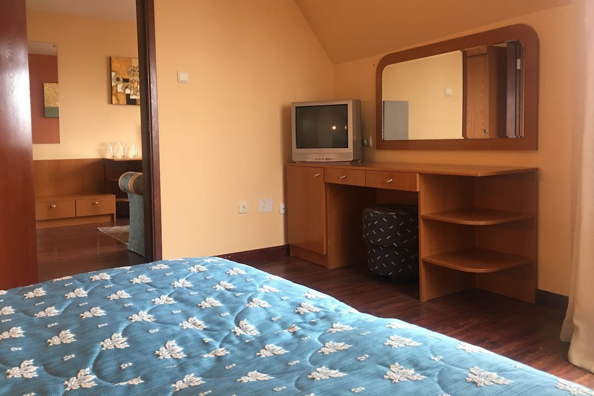Un dormitorio con cama, televisión, espejo y armario.