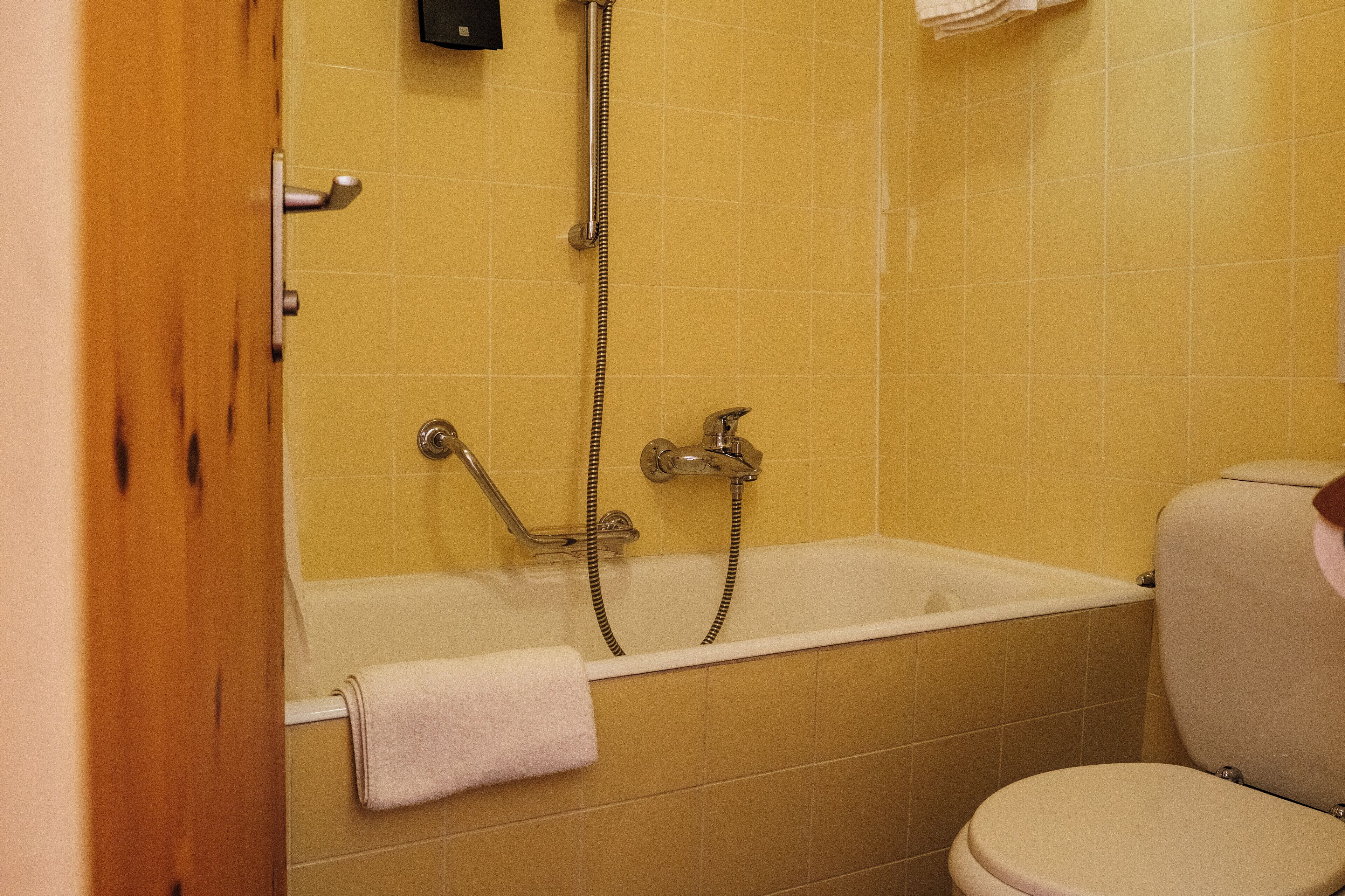 A bathroom with a bathtub, a toilet, and a showerhead.