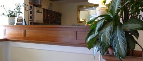 A reception area with a wooden reception desk, a large mirror above it, and a potted plant to the right.