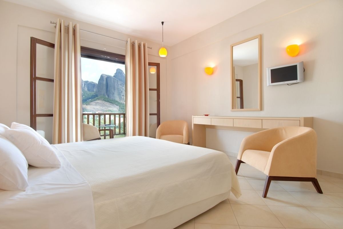 double room (meteora view) | premium bedding, down duvets, in-room safe, desk