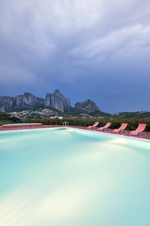 Outdoor pool, pool umbrellas, pool loungers