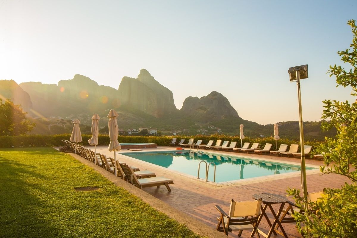 outdoor pool, pool umbrellas, pool loungers