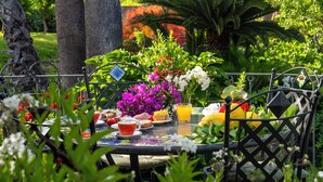 Une table de jardin, dressée avec une variété de plats et de boissons, entourée d’une végétation luxuriante et délimitée par une clôture en métal.