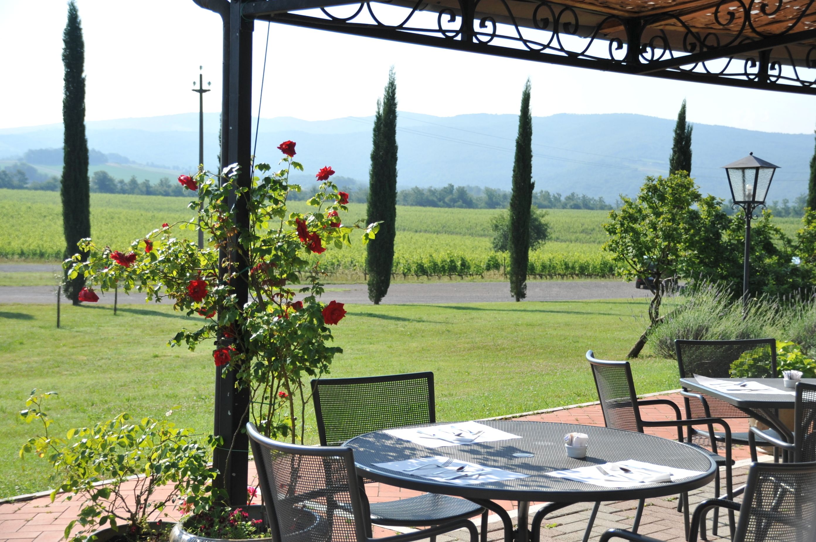 An outdoor patio with round tables and chairs, a pergola, and a view of a green field and mountains in the background.