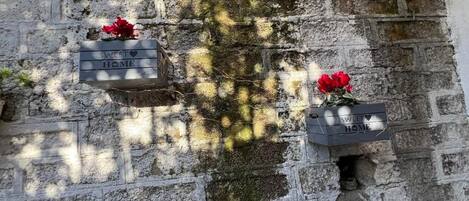 A rustic stone wall with two wooden planters containing red flowers and the words 'SWEET HOME'.