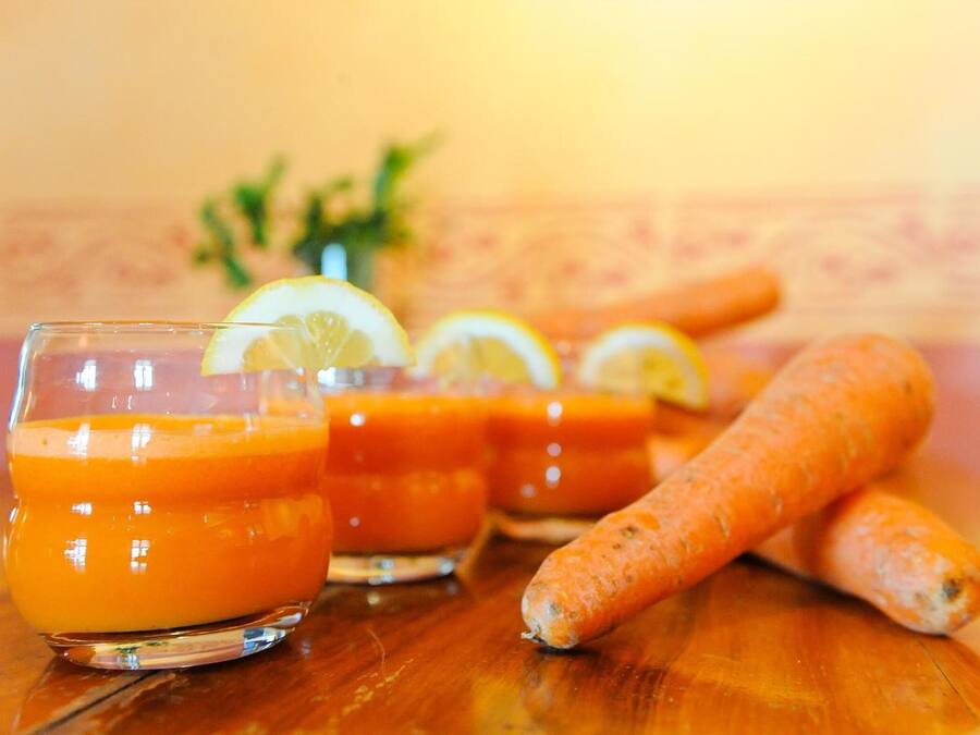 Three glasses of orange juice with lemon slices, a bunch of carrots, and a plant in the background.