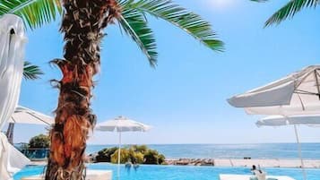 Indoor pool, seasonal outdoor pool, open 8 AM to 4:00 PM, pool umbrellas