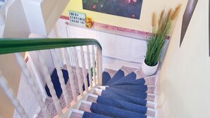 A staircase with blue carpet runners, white balusters, and a handrail. - StayInCologne (Cologne)