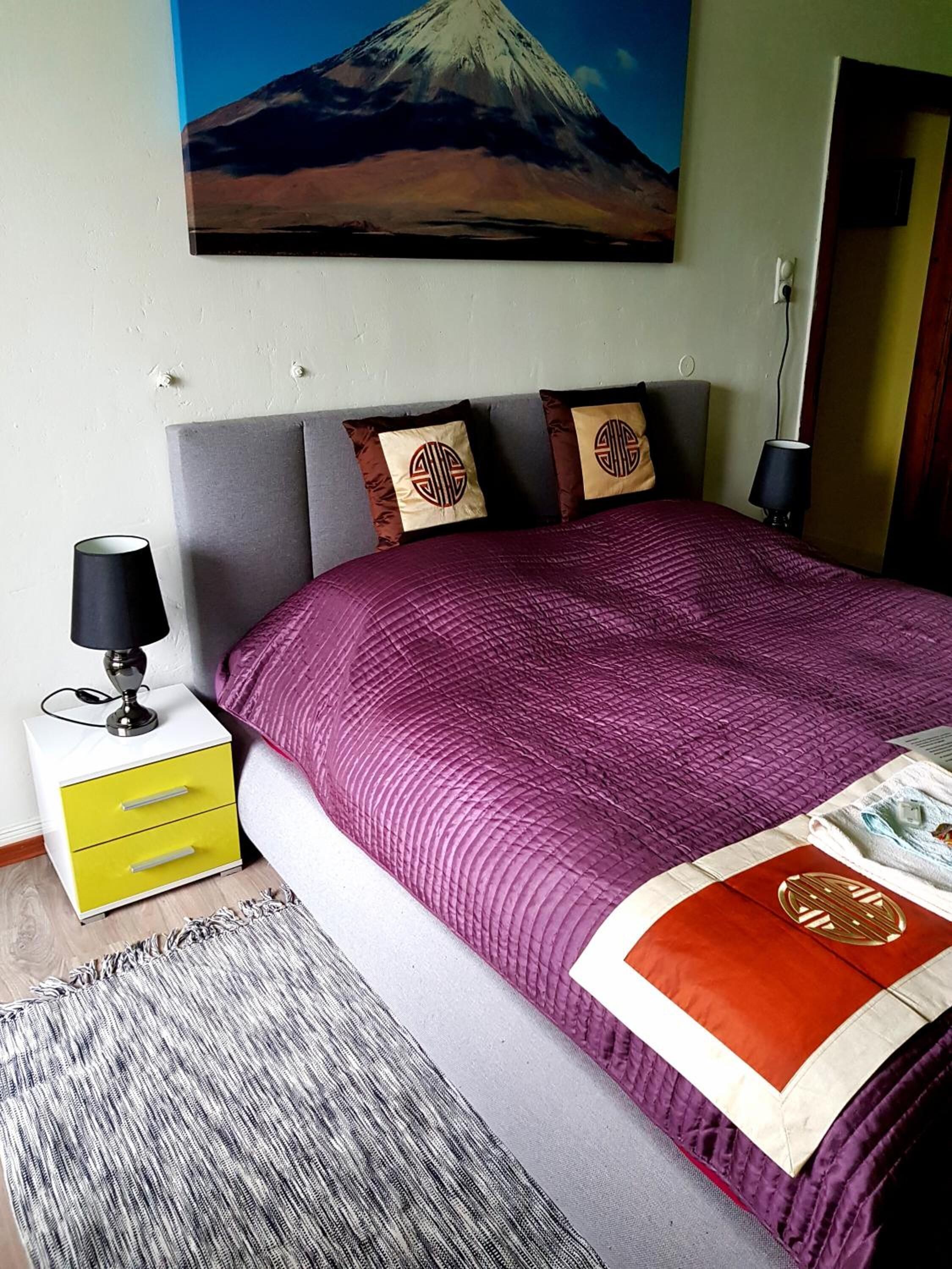A bedroom with a bed, a nightstand, a lamp, a painting of a mountain, and a door.