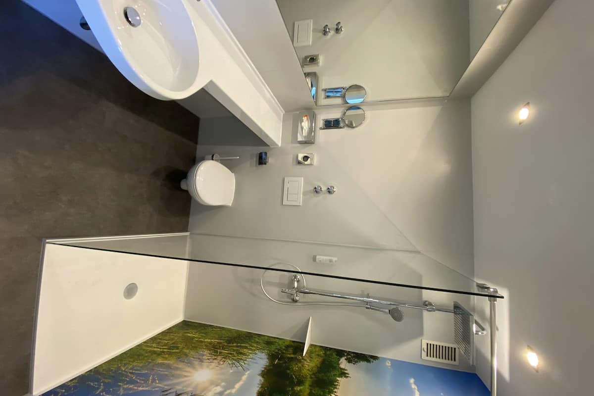eco-friendly toiletries, hair dryer, towels