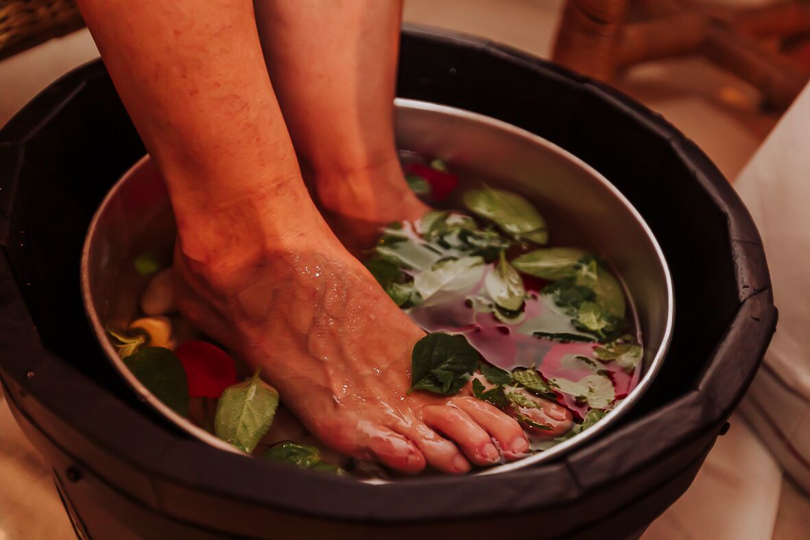 A person's feet in a basin with water and green leaves.