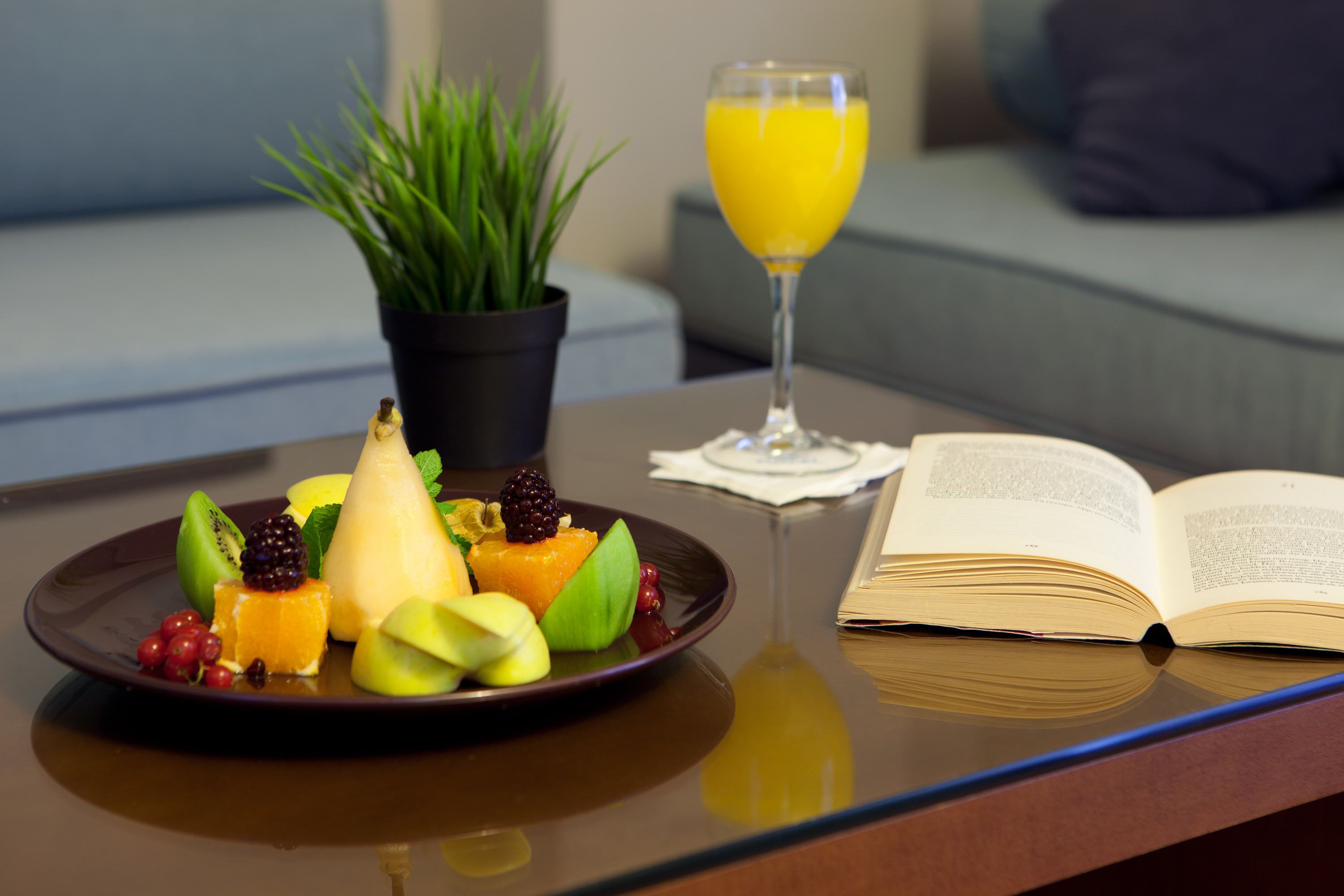 Una mesa de comedor con un plato de fruta, un vaso de zumo de naranja, un libro y una planta en maceta.