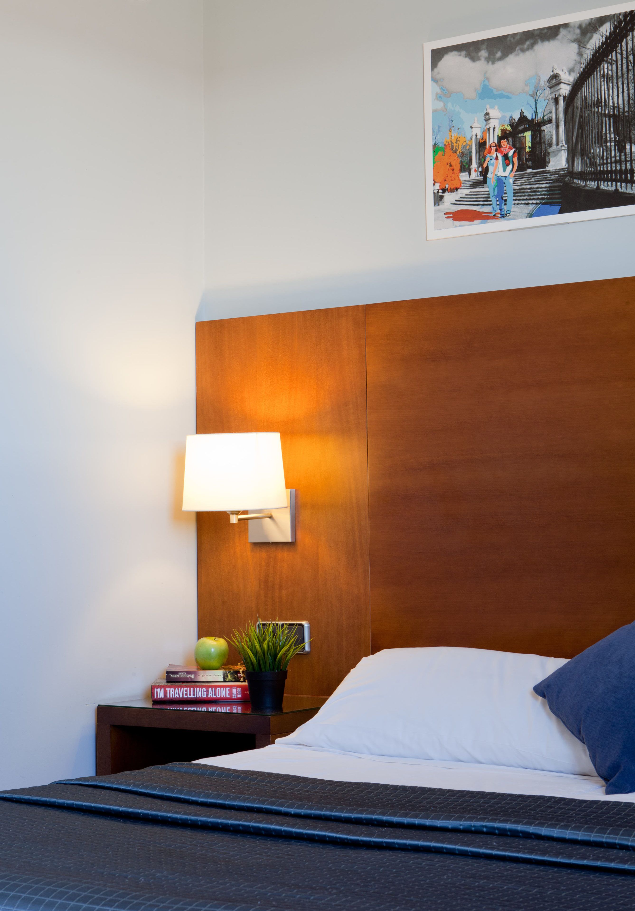 Un lit bien fait, avec un oreiller, une lampe de chevet, une petite table de nuit ornée d’une plante et un tableau encadré accroché au mur.