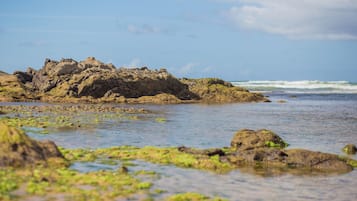 Un rivage rocheux où les vagues s’écrasent contre les rochers.
