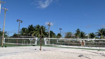 Een zandvolleybalveld met een helderblauwe lucht, palmbomen en een hek in de achtergrond.
