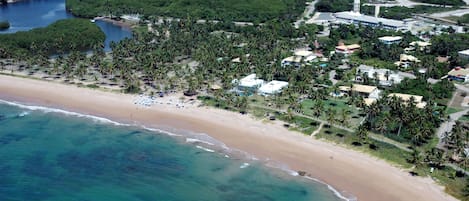 An aerial view of a coastal area with a beach, palm trees, and buildings.