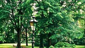 A park with a lamp post, a bench, and a well-maintained grassy area. - Schlosshotel Zum Markgrafen (Quedlinburg)