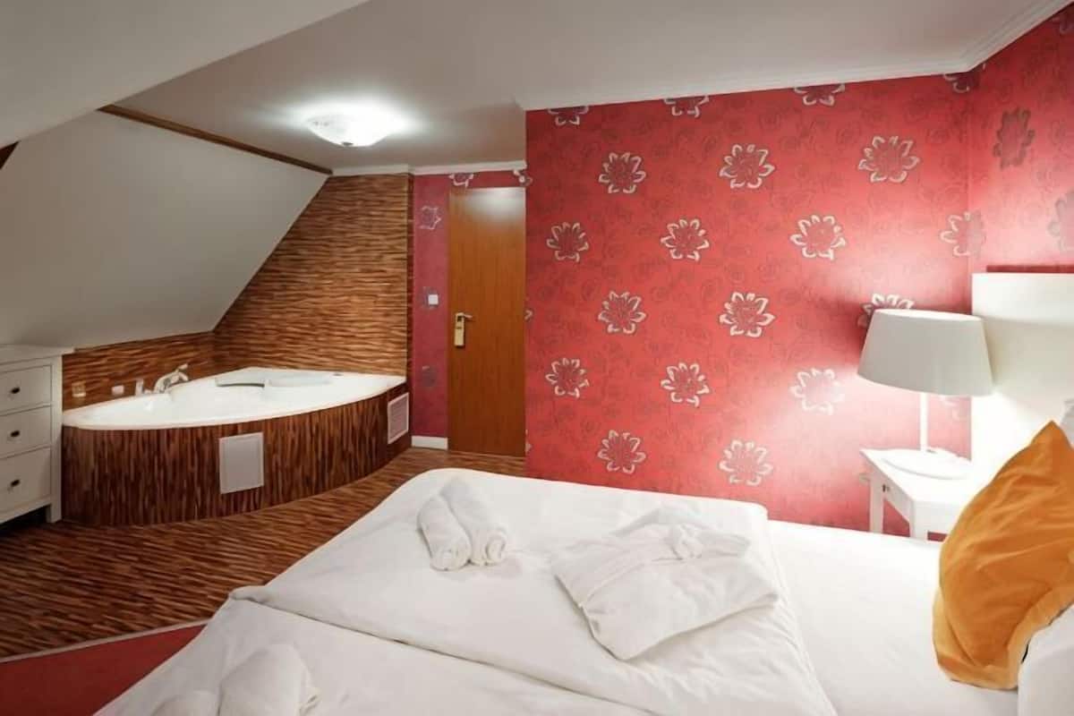A hotel room with a bed, a bathroom with a bathtub, and a red floral wall.