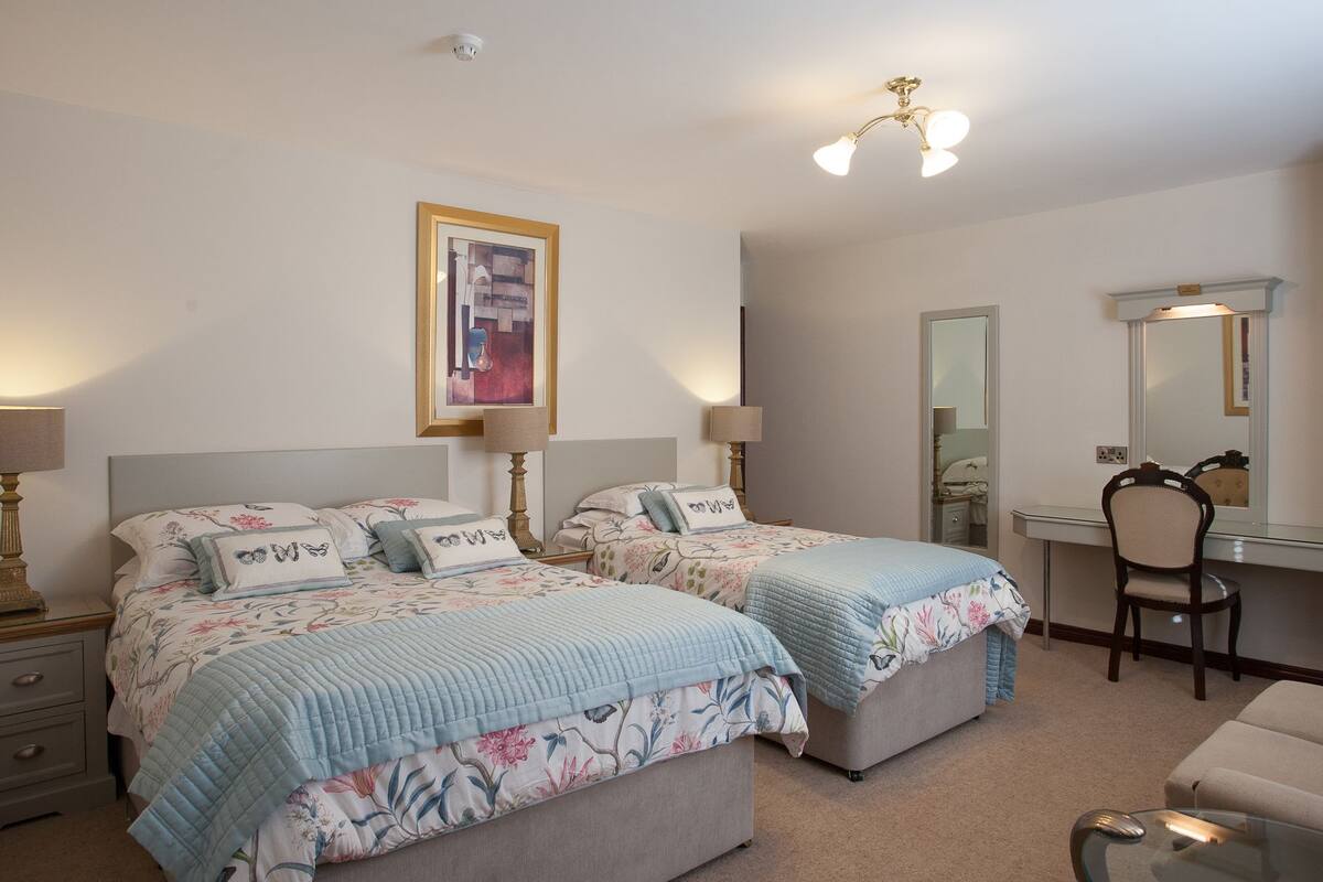 A bedroom with two beds, a desk, a chair, a mirror, and a ceiling light fixture.