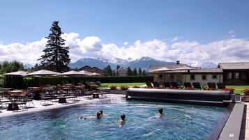 Indoor pool, seasonal outdoor pool, pool umbrellas, sun loungers