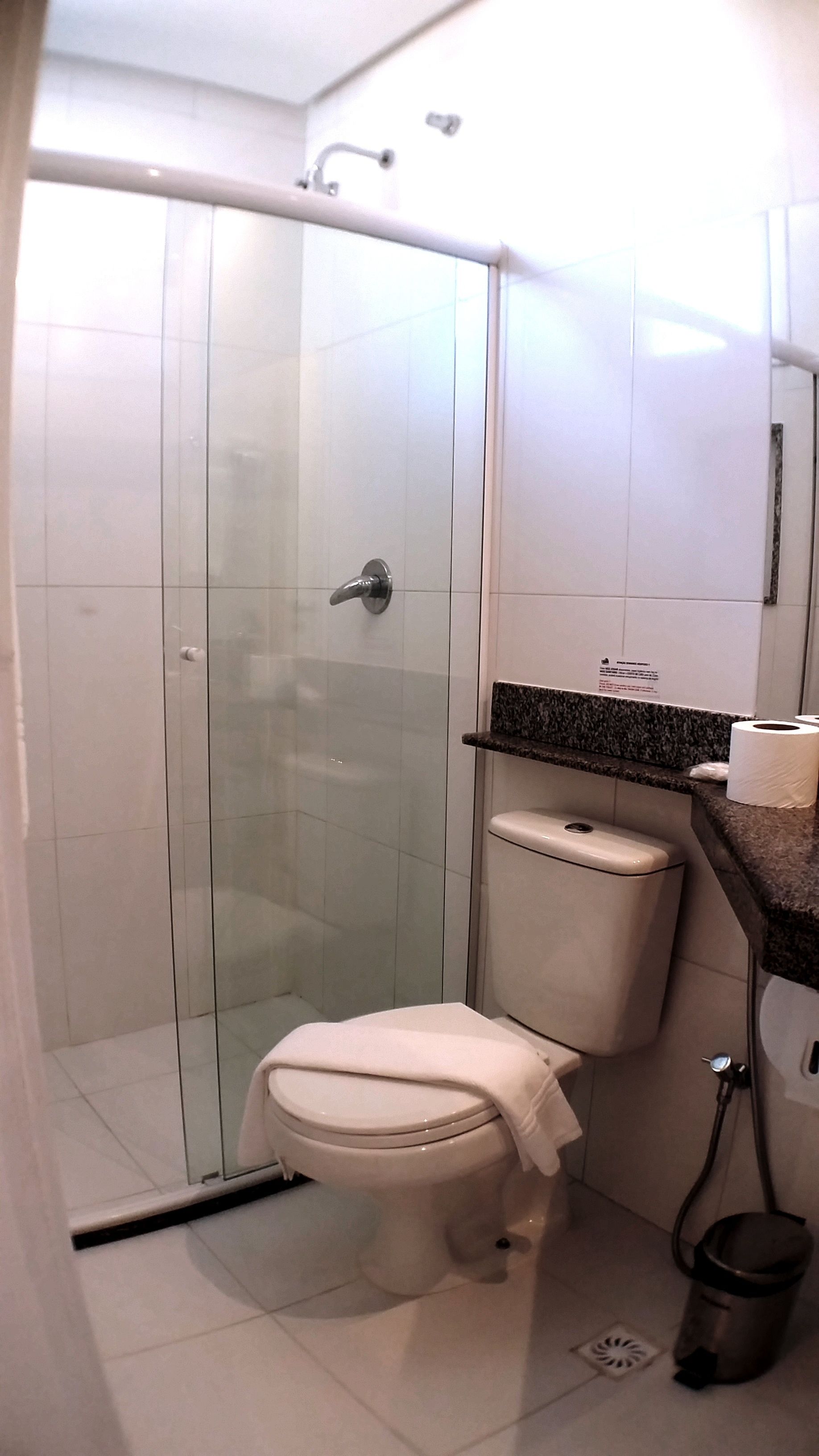 A bathroom with a glass-enclosed shower, a toilet, and a sink with a granite countertop.