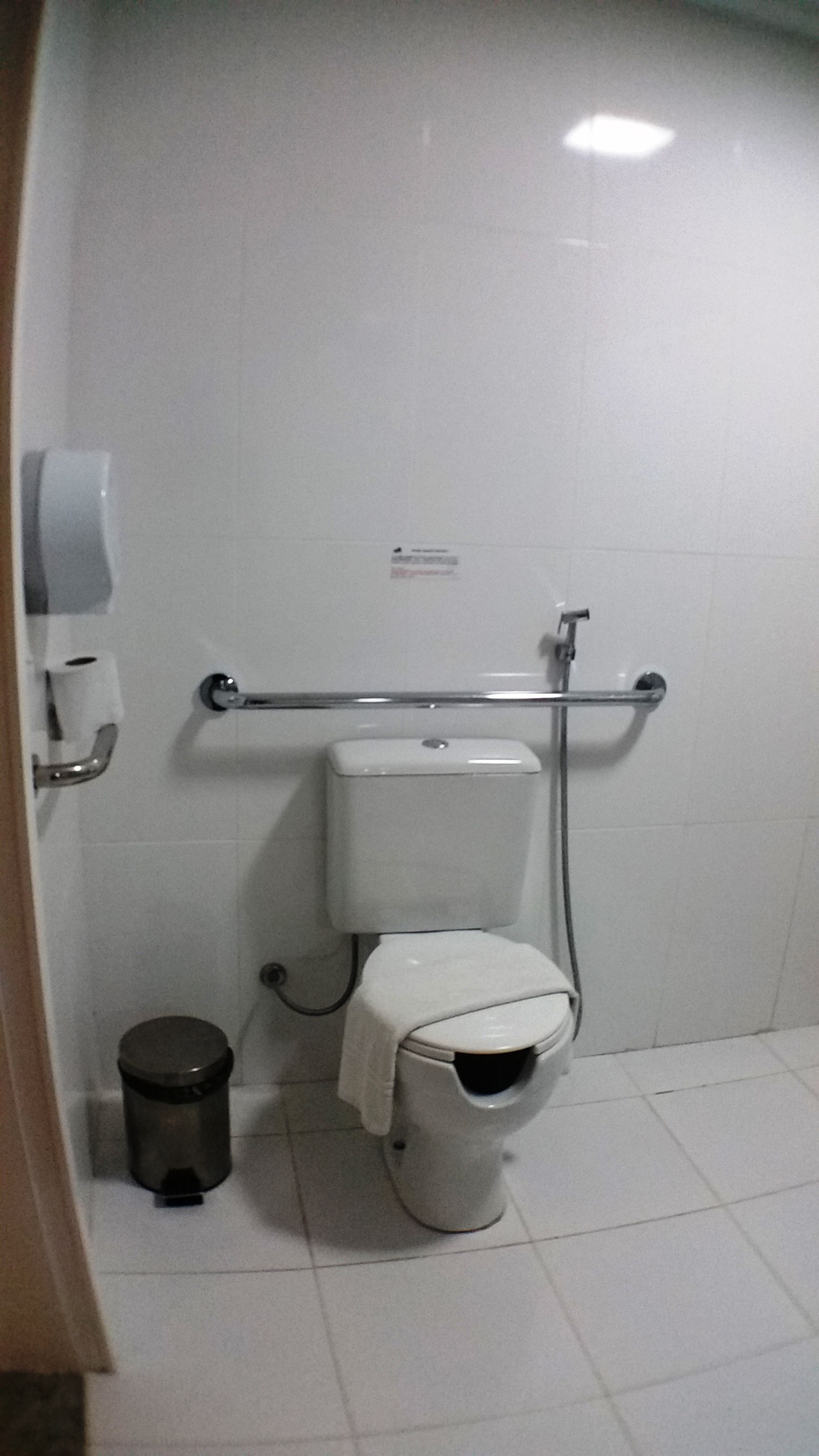 Un inodoro blanco estándar con una barra de apoyo, un cesto de basura y un dispensador de toallas de papel.
