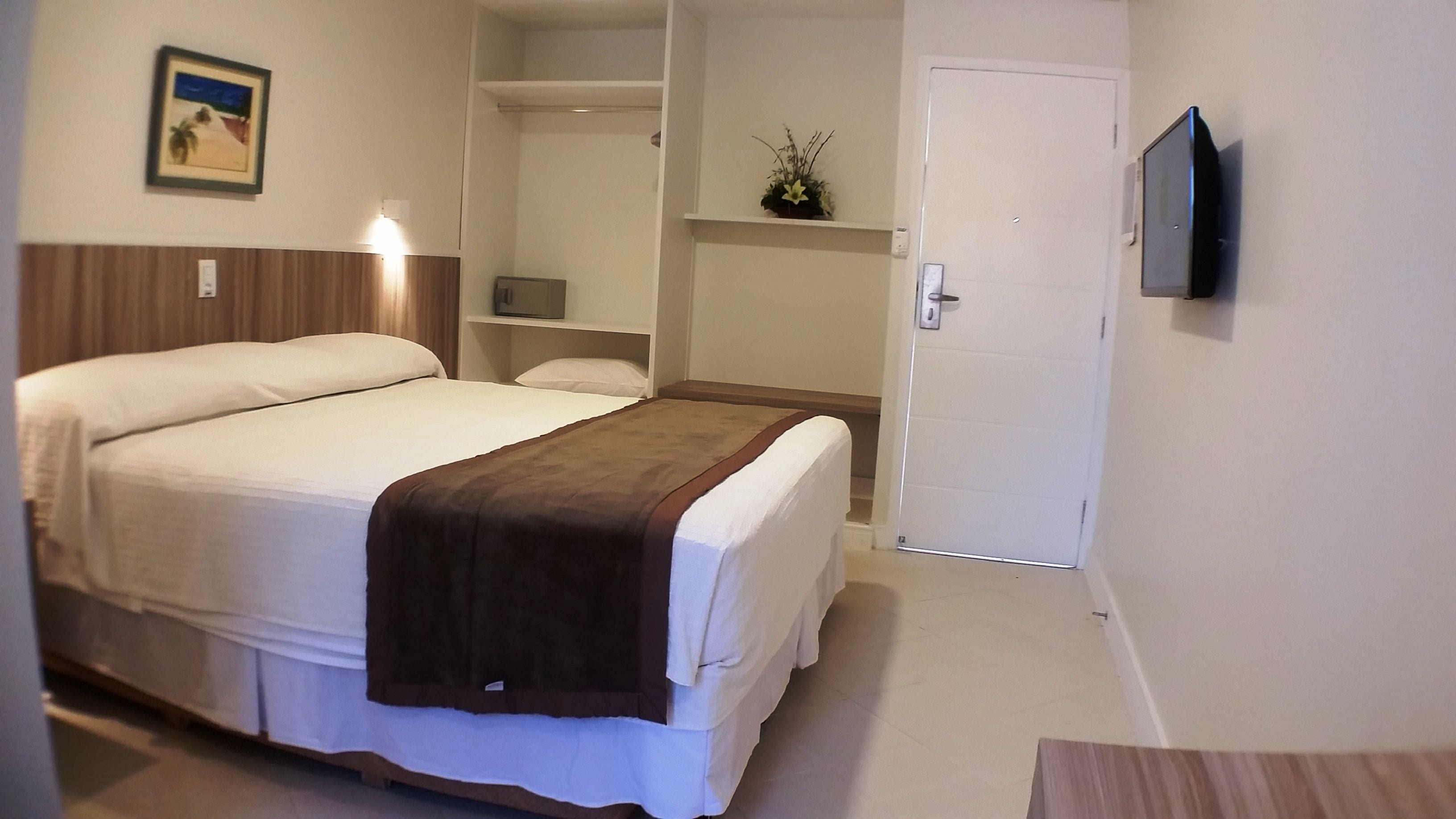 A hotel room with a bed, a TV, a wardrobe, and a small plant on a shelf.
