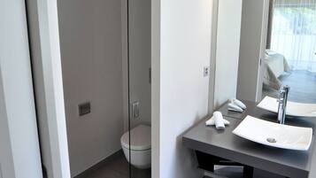 Une salle de bain moderne avec une douche à parois de verre, des toilettes blanches, un grand miroir et un lavabo avec un porte-serviette.