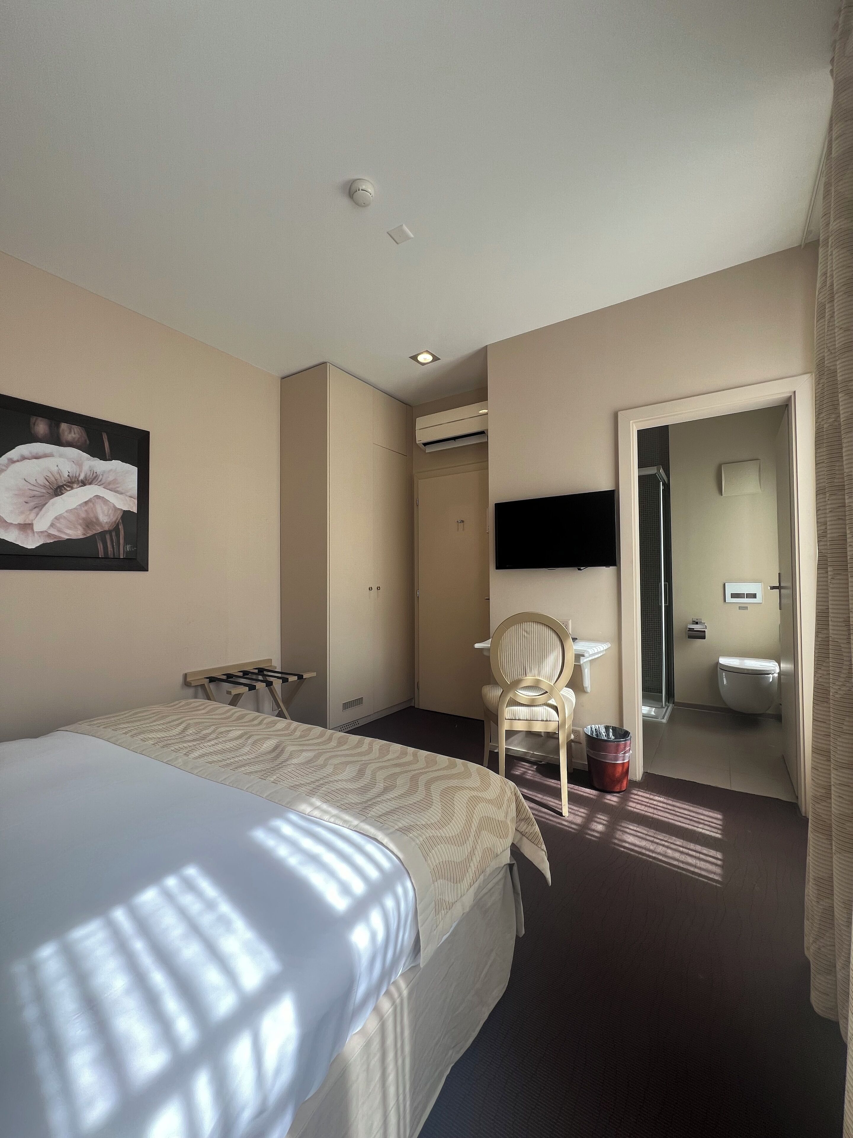 Hotelkamer met een bed, een stoel, een bureau, een airconditioning, een televisie en een badkamer met toilet en douche.