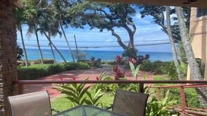 A balcony with a glass table and chairs, overlooking a garden with tropical plants and a view of the ocean. - Maui Beach House (Lahaina)
