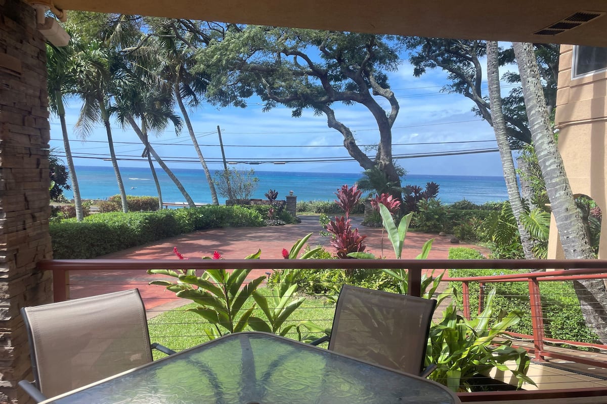 A balcony with a glass table and chairs, overlooking a garden with tropical plants and a view of the ocean.