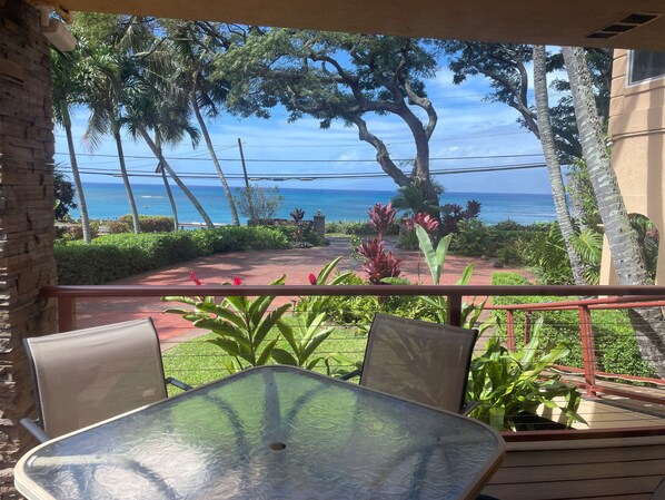 A balcony with a glass table and chairs, overlooking a garden with tropical plants and a view of the ocean.