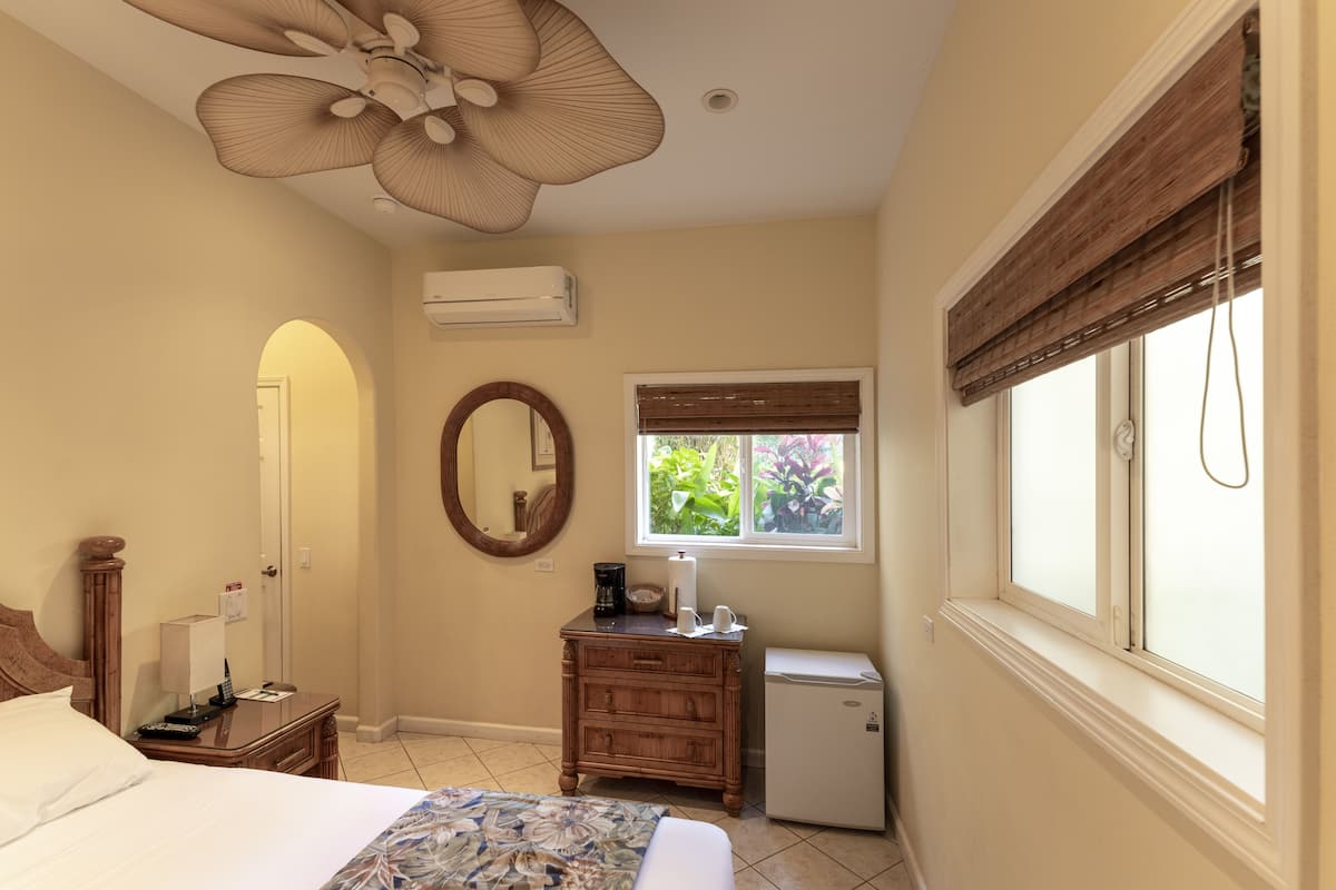 A hotel room with a bed, a dresser, a small refrigerator, a ceiling fan, an air conditioning unit, a window with a view of greenery, and a mirror on the wall.