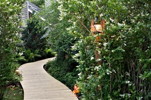 Un sentier en bois sinueux, bordé d’une végétation luxuriante, avec une maison en arrière-plan.