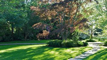 A well-maintained garden with a stone pathway leading through lush greenery and flowering plants.