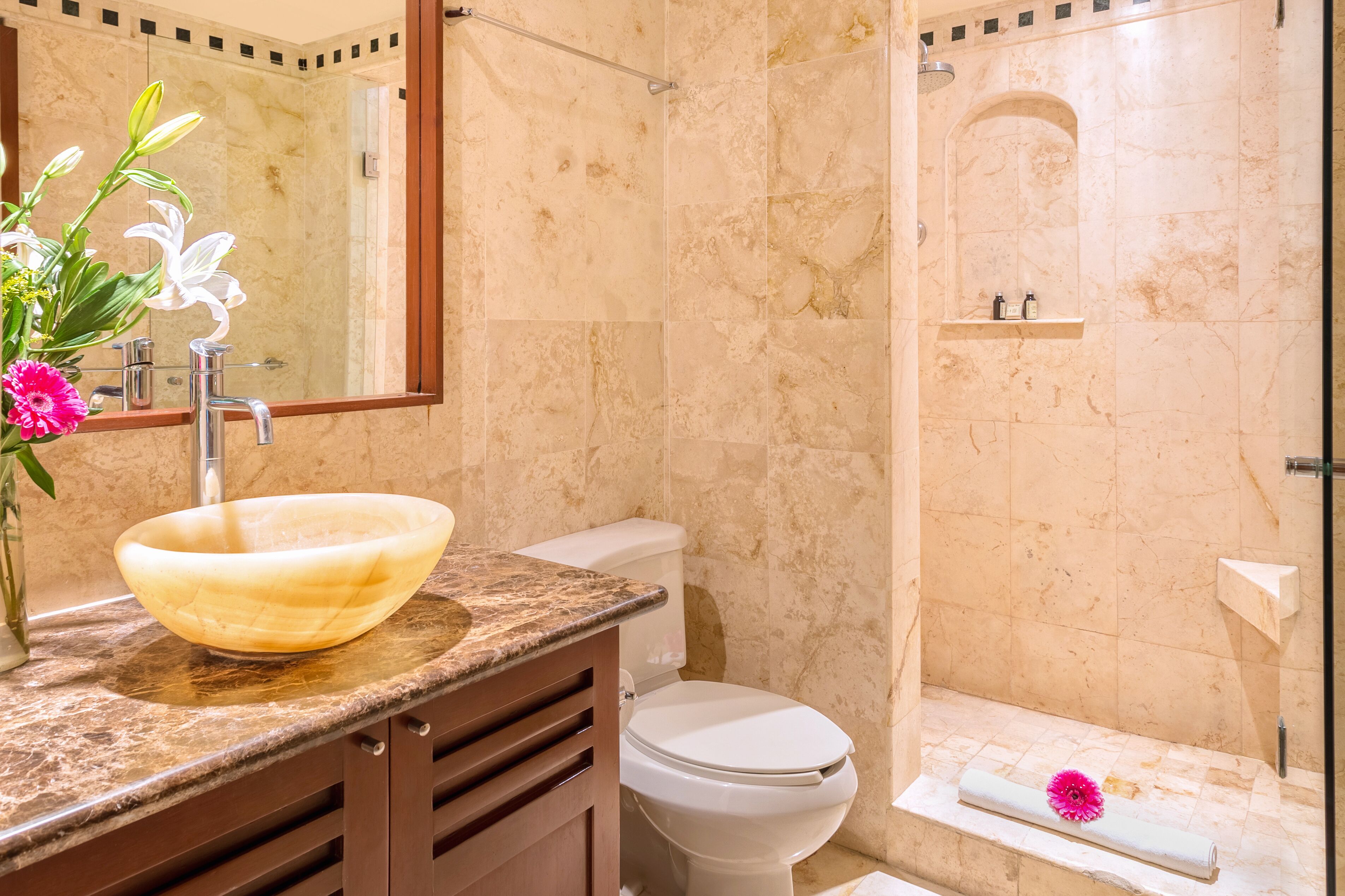 Bany amb un lavabo de marbre, un vàter i una zona de dutxa.