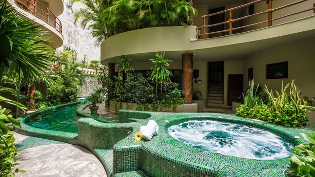 A spa area with a hot tub surrounded by lush greenery and a curved pool.