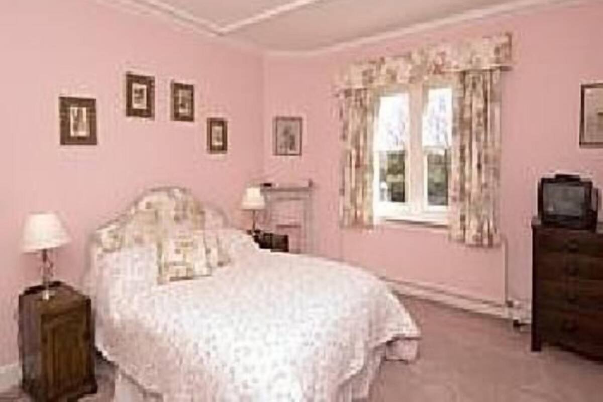 A bedroom with a bed, dresser, and a television.